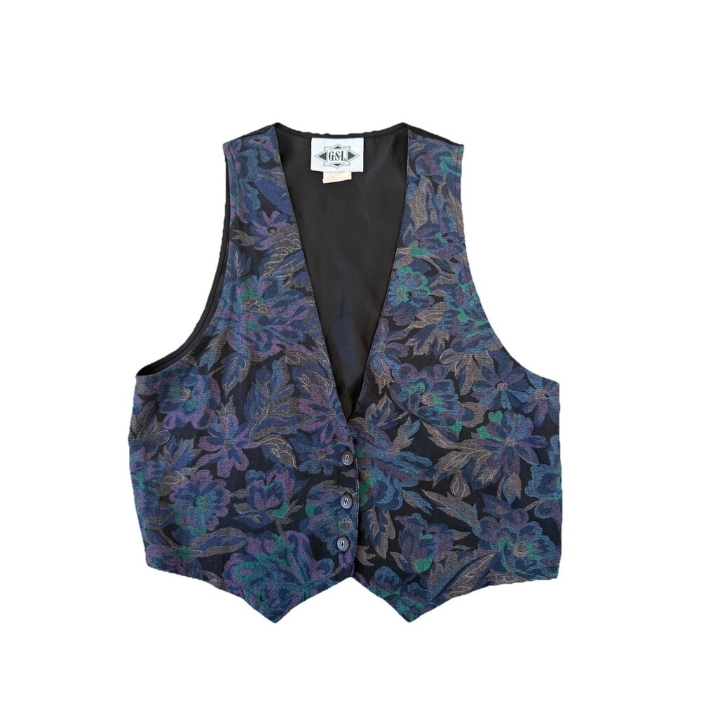 Vintage 90s Womens Large Floral Tapestry Button Vest Western Cowgirl GSL